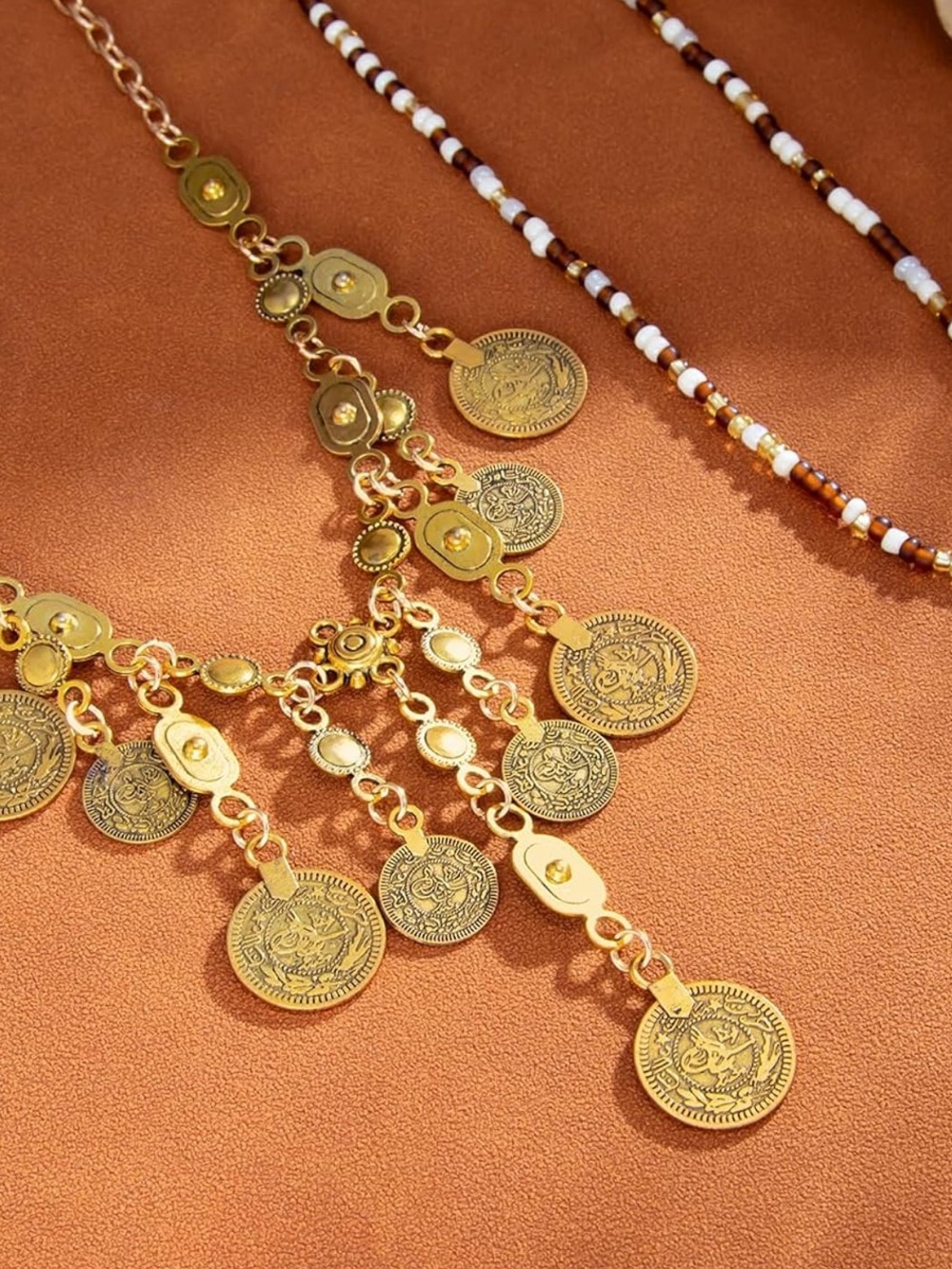 Anthropologie Gold Coin Fringe Layered Necklace with Beaded Choker - Picture 3 of 9
